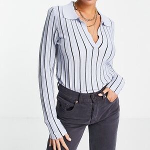 Mango Black and Blue Striped V-Neck
